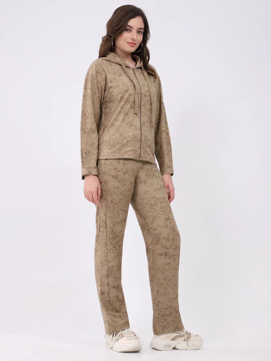 Women Beige Printed Hooded Full Sleeve Cords Set - Image 4