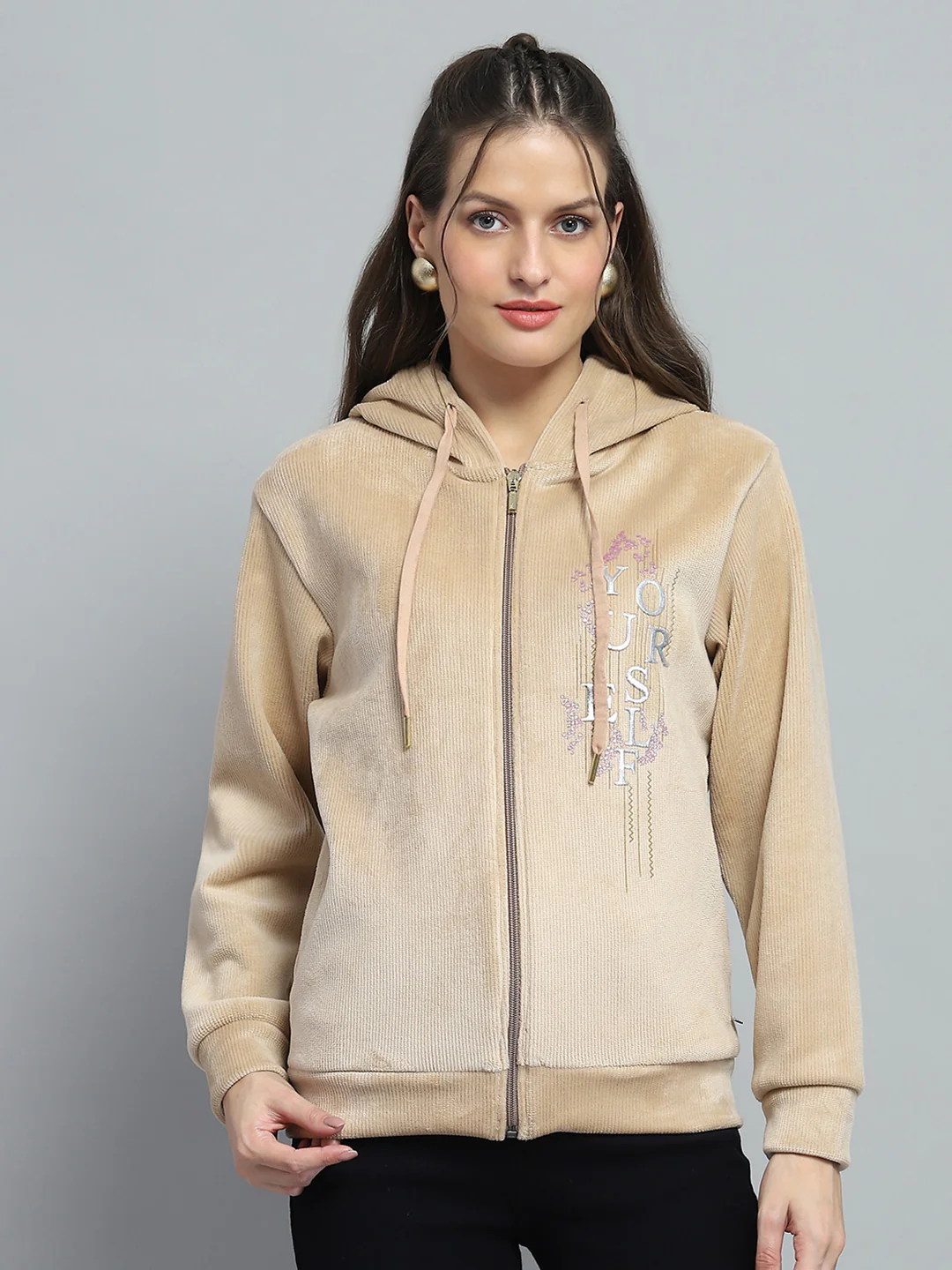 Women Beige Printed Hooded Full Sleeve Sweatshirt
