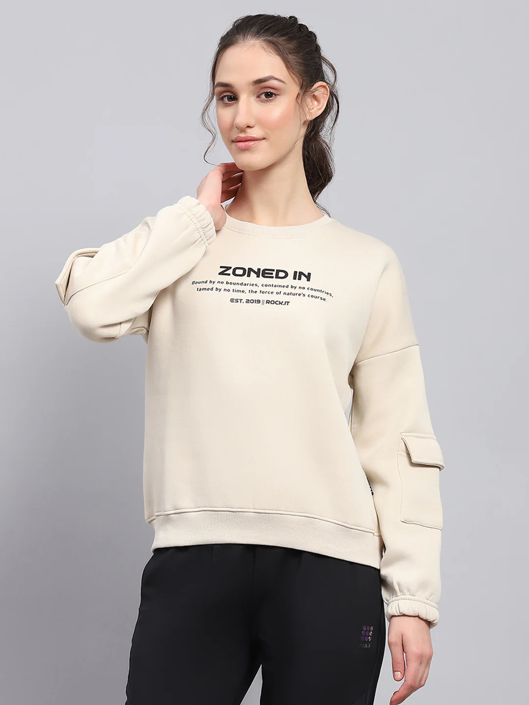 Rock.it Women Beige Printed Round Neck Full Sleeve Sweatshirt