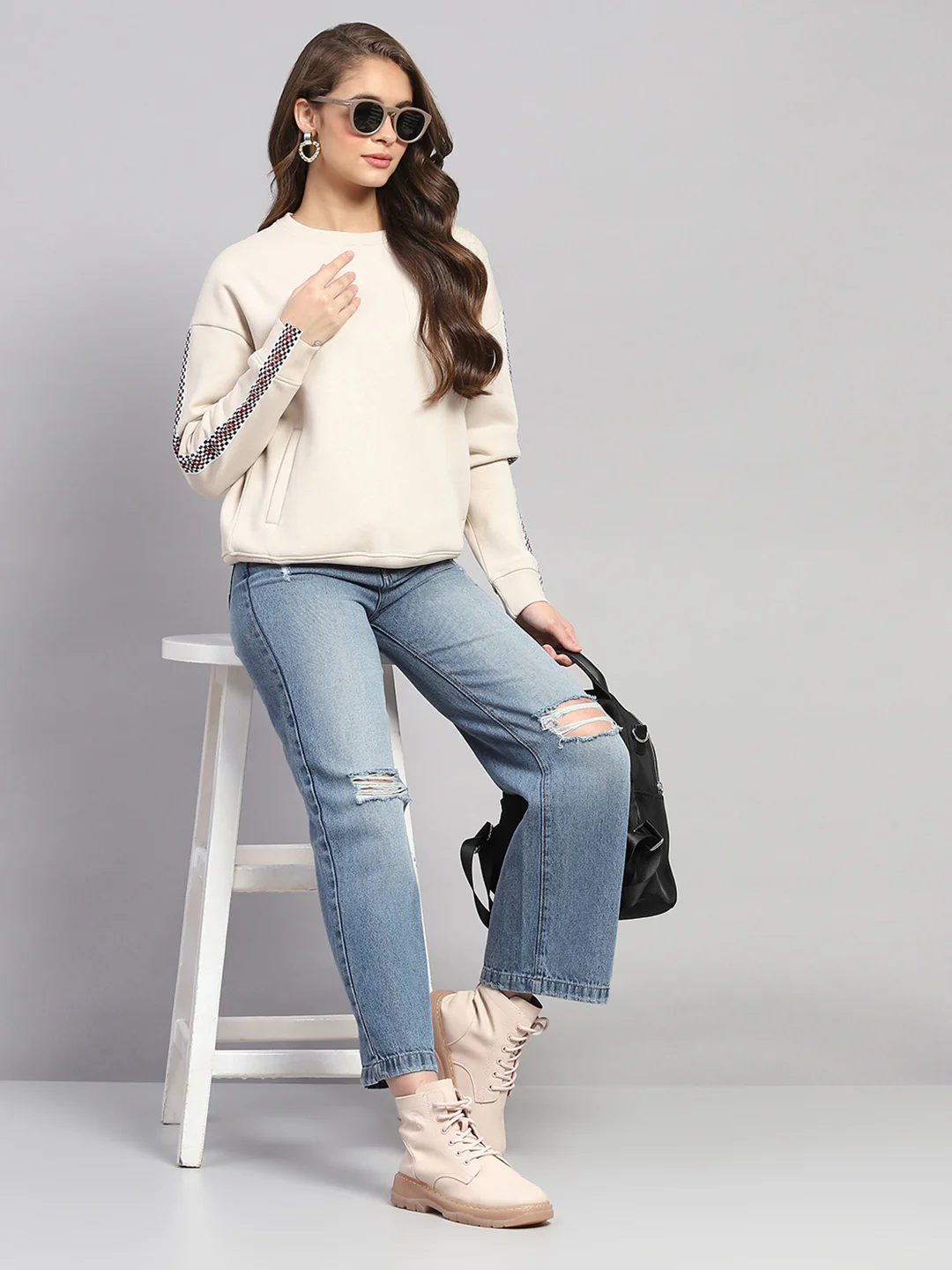 Rock.it Women Beige Printed Round Neck Full Sleeve Sweatshirt