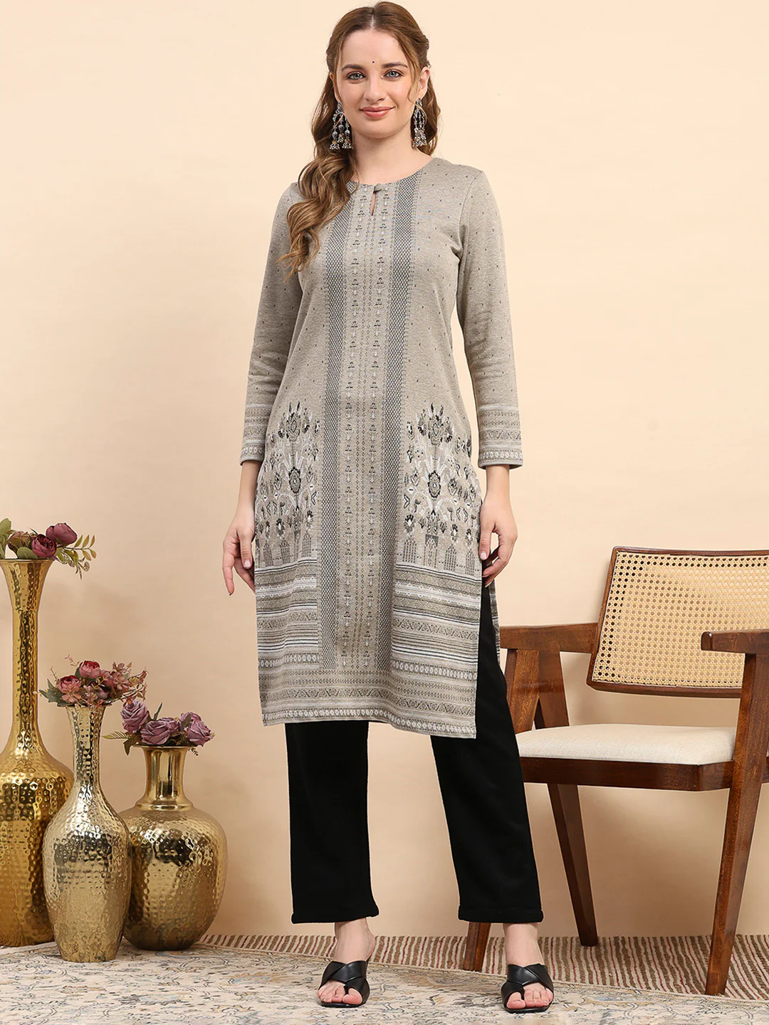 Women Beige Printed Round Neck Full Sleeve Winter Kurti