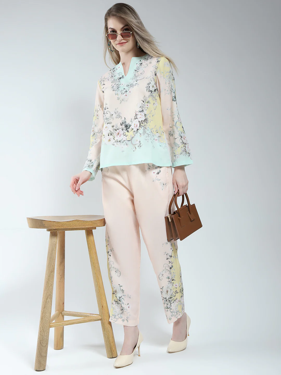 Women Beige Printed Round Neck Full Sleeve Cords Set - Image 2