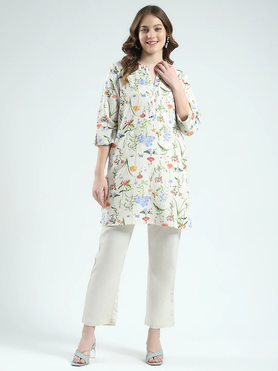 Women Beige Printed Round Neck Full Sleeve Cords Set