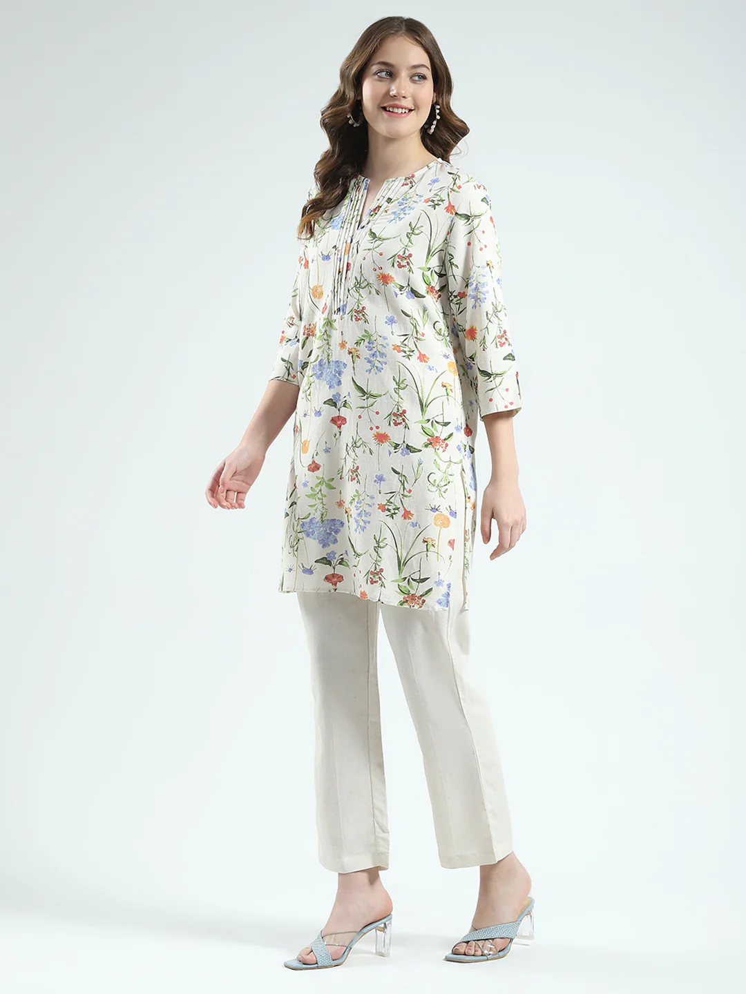 Women Beige Printed Round Neck Full Sleeve Cords Set - Image 3