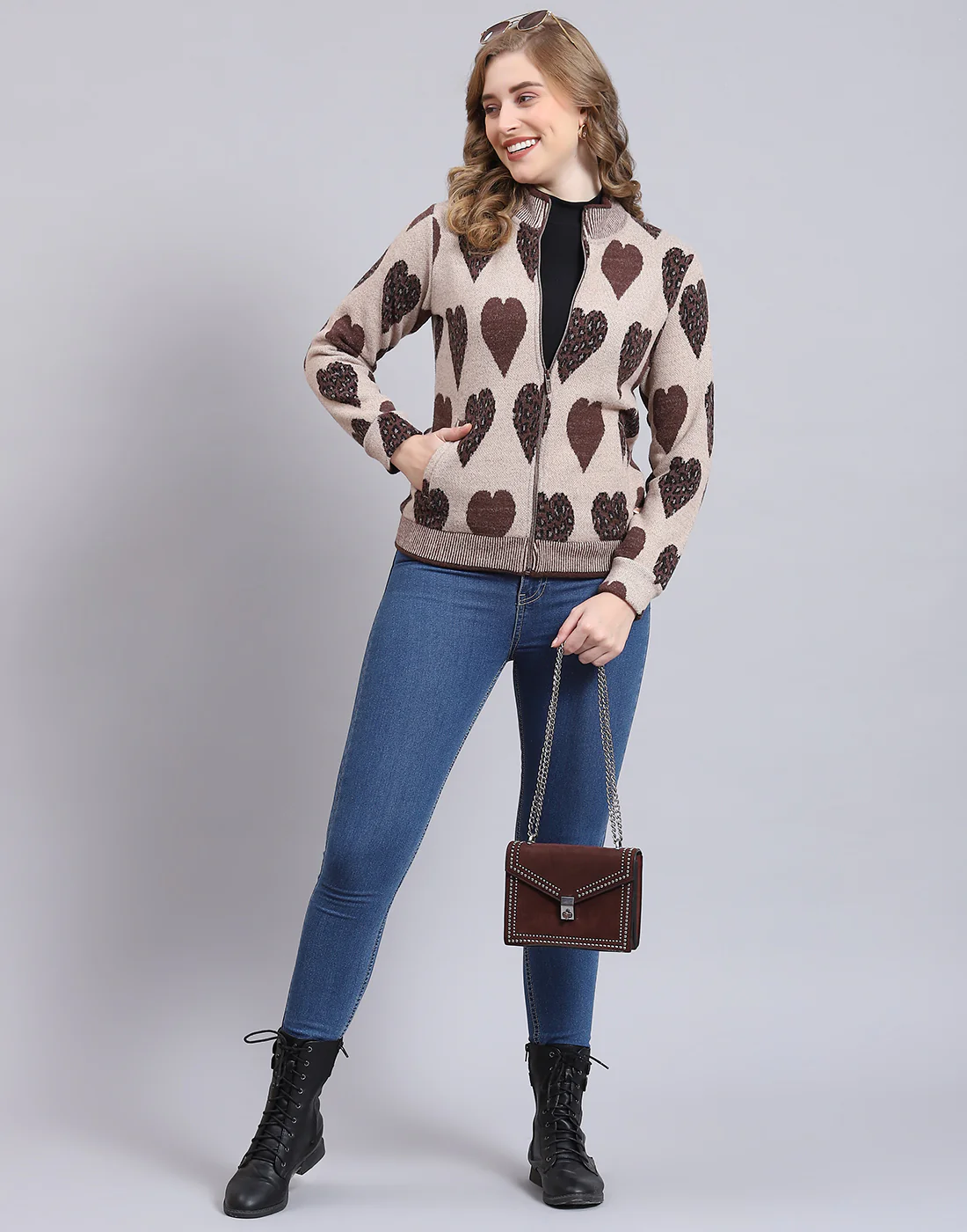 Women Beige Self Design F Neck Full Sleeve Sweatshirt