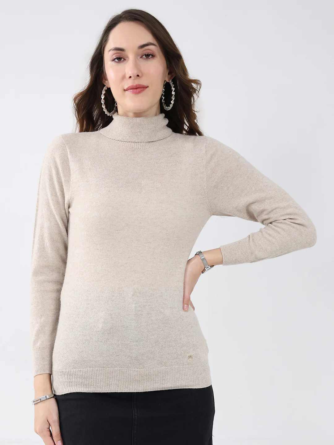 Women Beige Solid High Neck Full Sleeve Winter Top