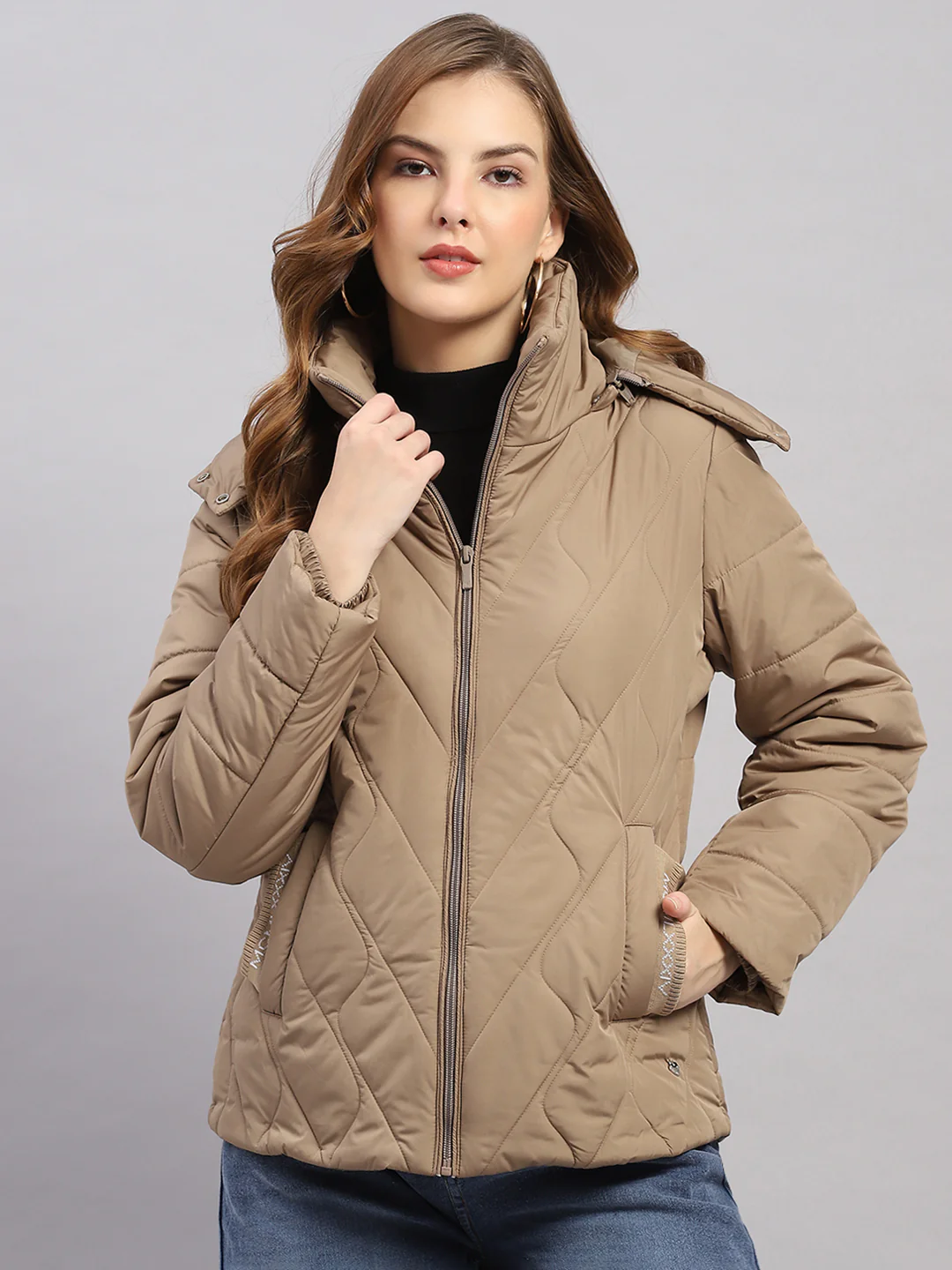 Women Beige Solid Hooded Full Sleeve Jacket