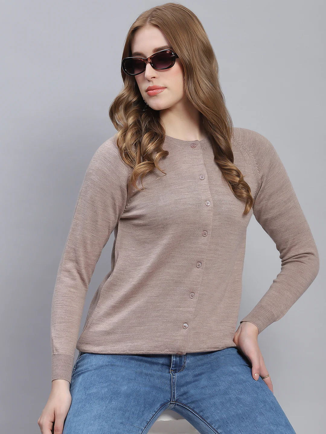 Women Beige Solid Round Neck Full Sleeve Cardigans