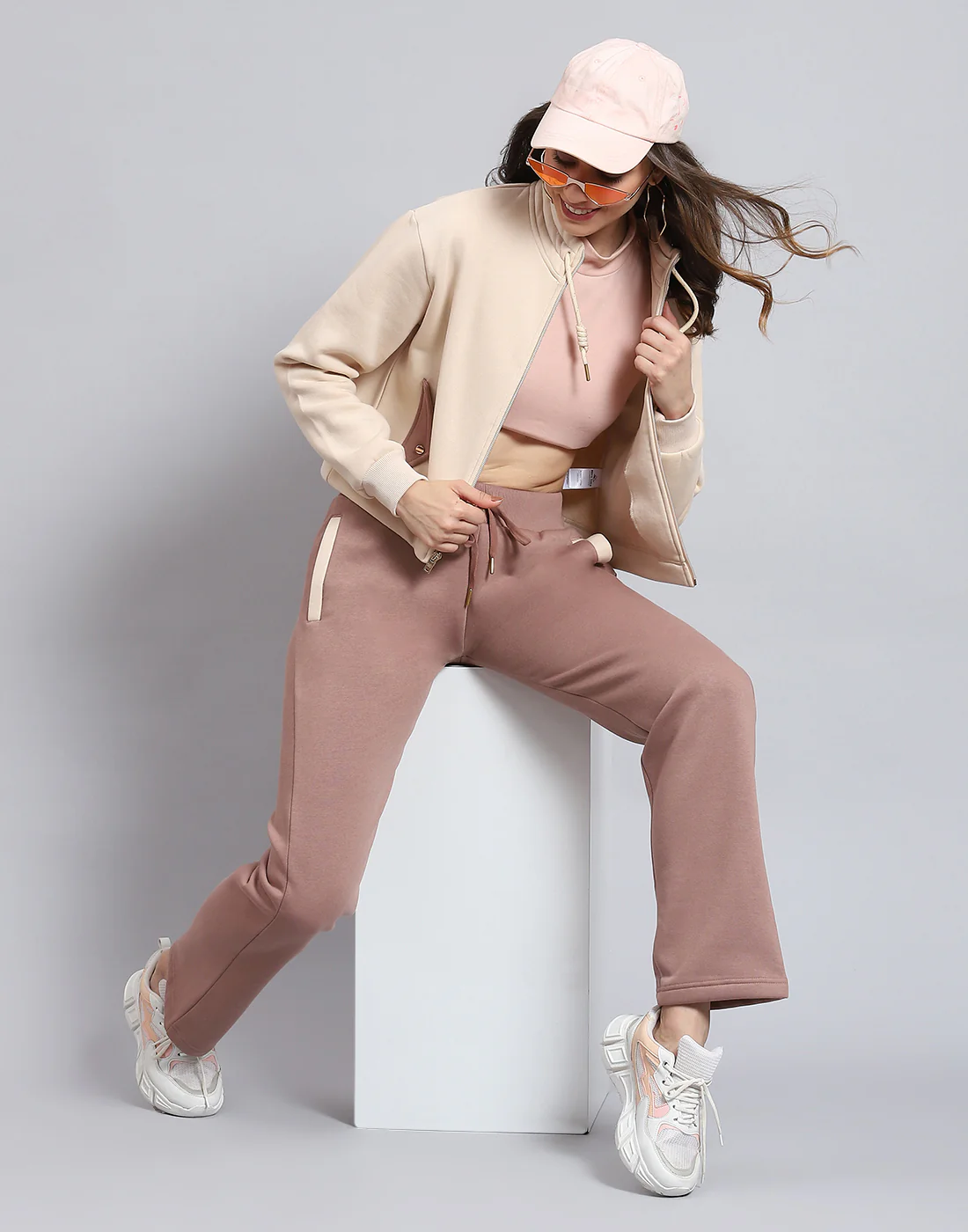 Women Beige Solid Stand Collar Full Sleeve Tracksuit