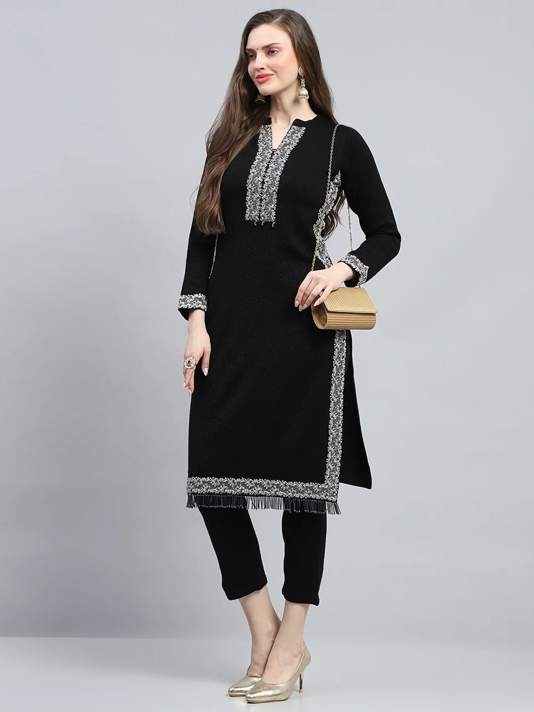 Women Black Embroidered Round Neck Full Sleeve Kurti Set for Winter - Image 2