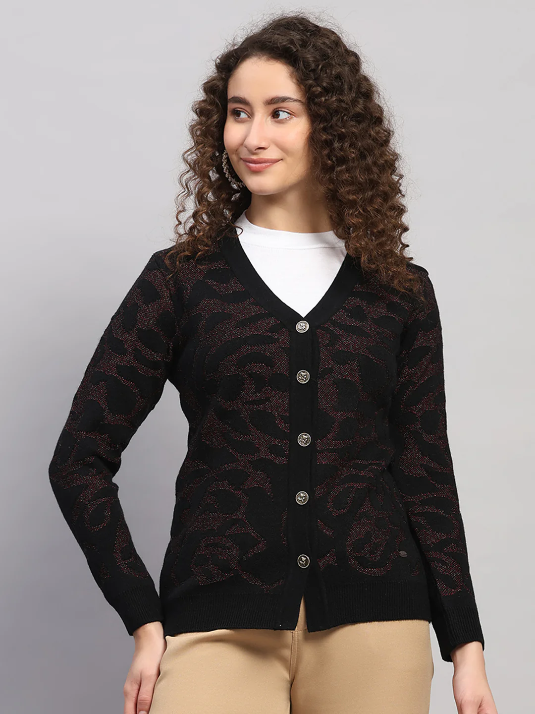Women Black Jaquard V Neck Full Sleeve Cardigan