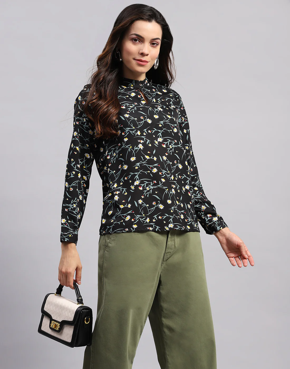 Women Black Printed Band Collar Full Sleeve Top - Image 2