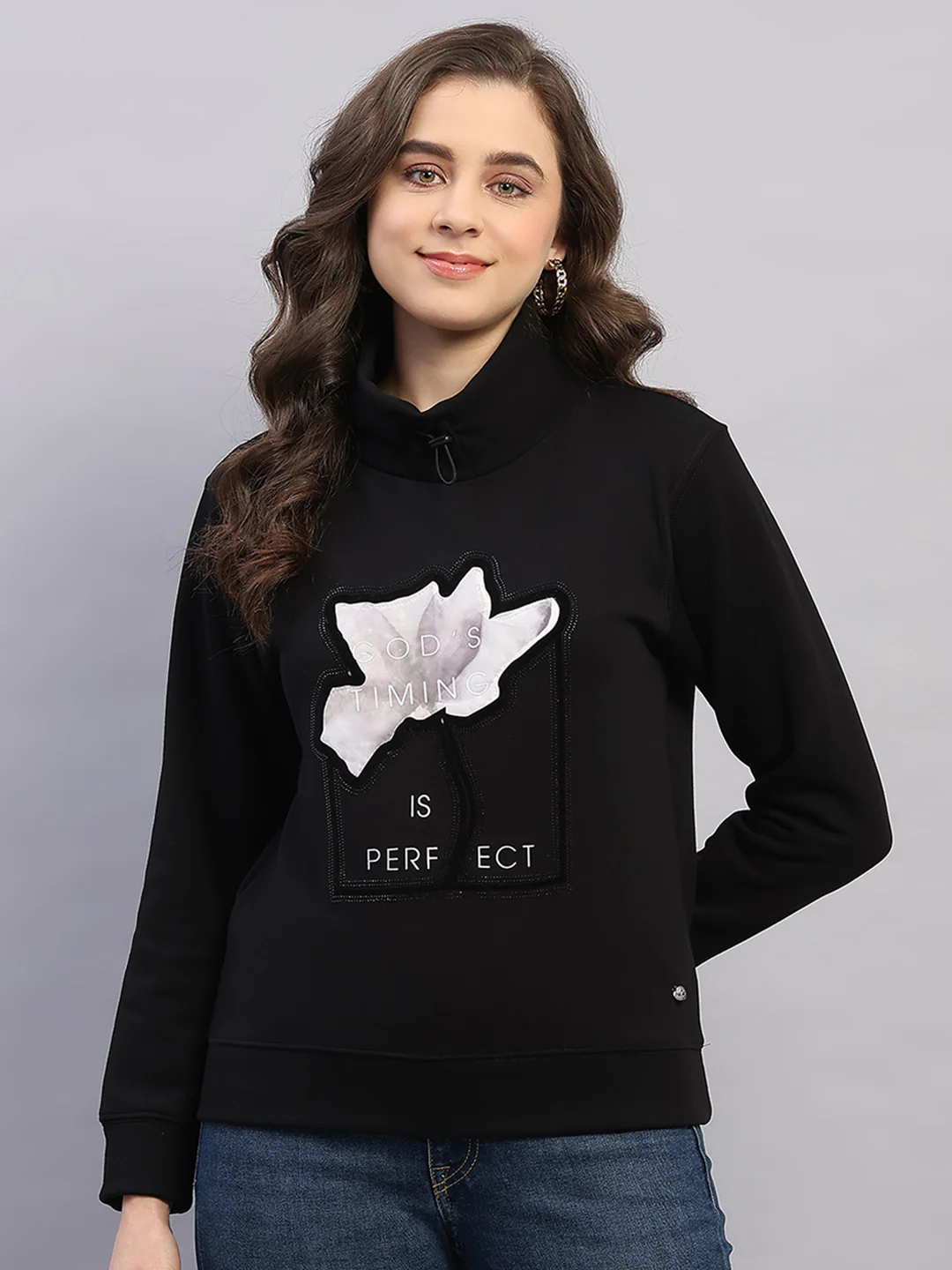 Women Black Printed High Neck Full Sleeve Sweatshirt