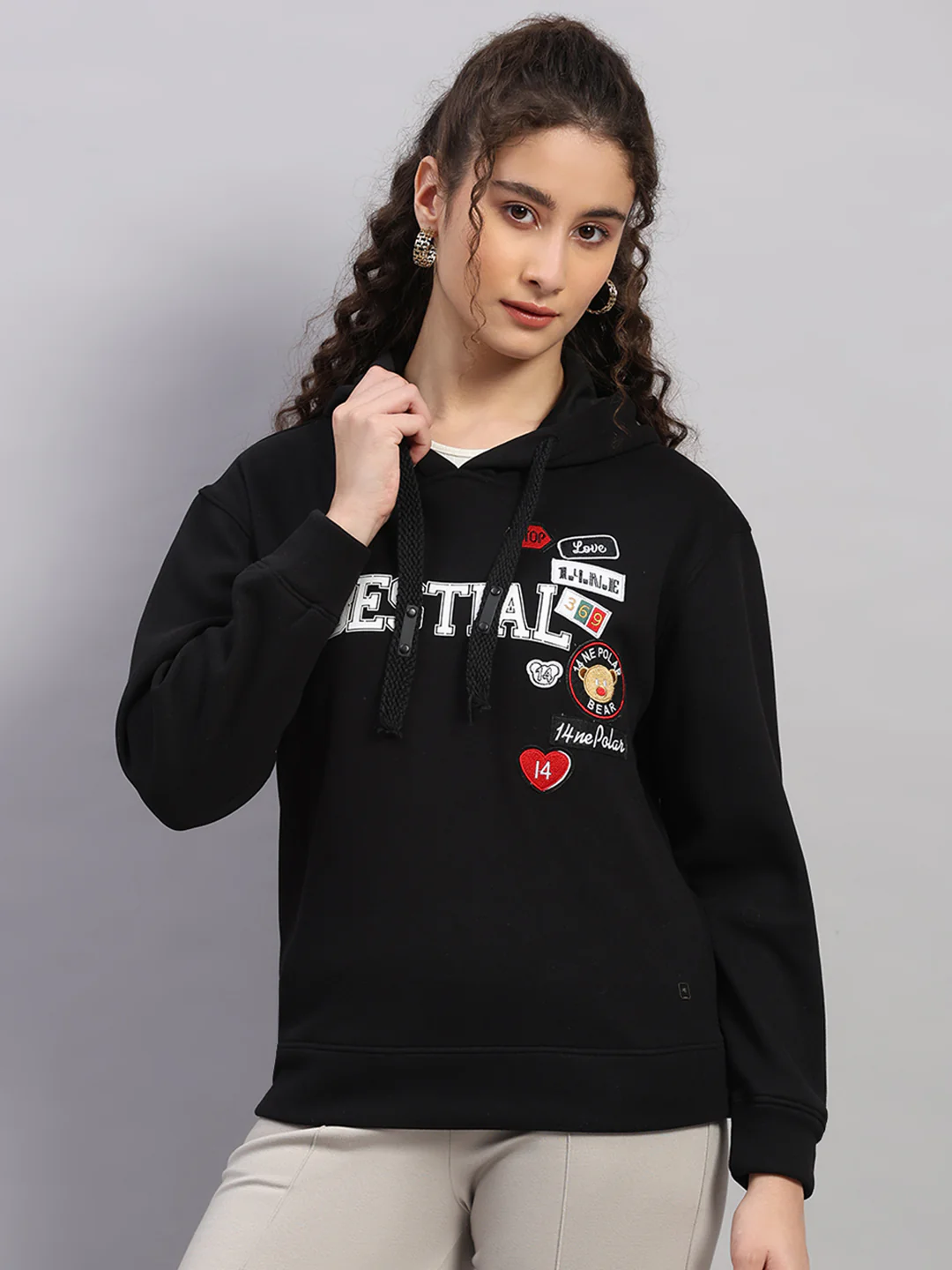 Women Black Printed Hooded Full Sleeve Sweatshirt