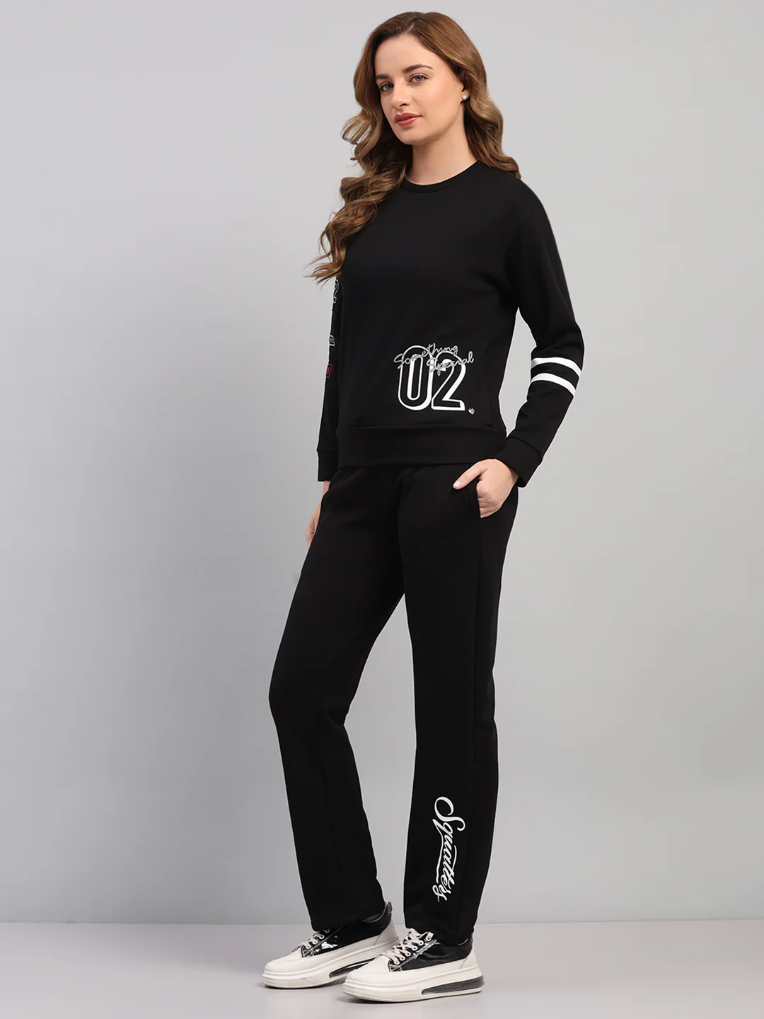 Women Black Printed Round Neck Full Sleeve Cords Set - Image 3