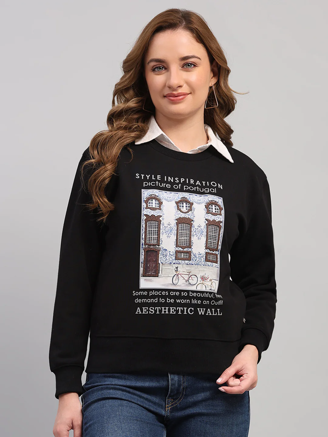 Women Black Printed Round Neck Full Sleeve Sweatshirt