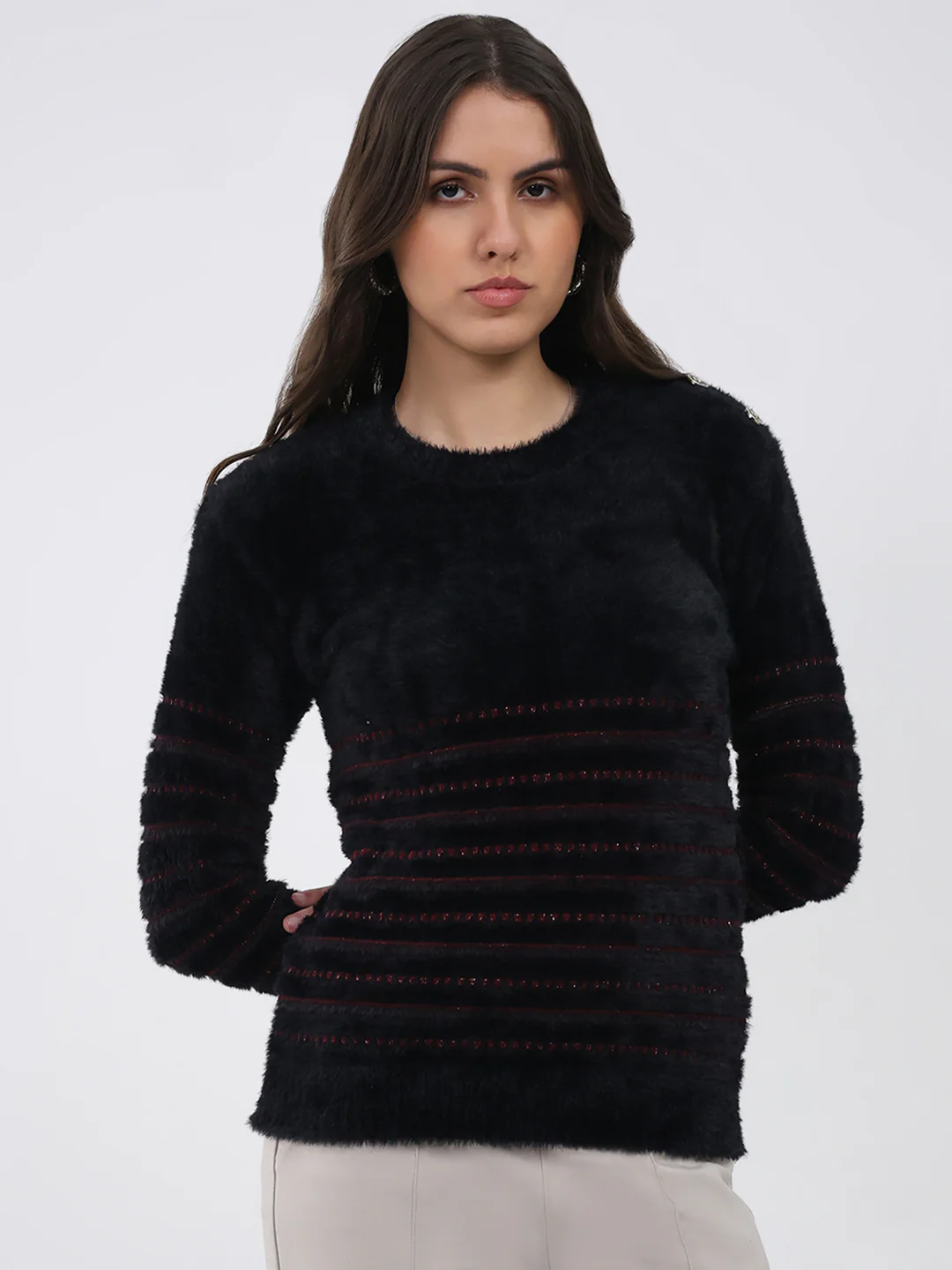 Women Black Printed Round Neck Full Sleeve Winter Top