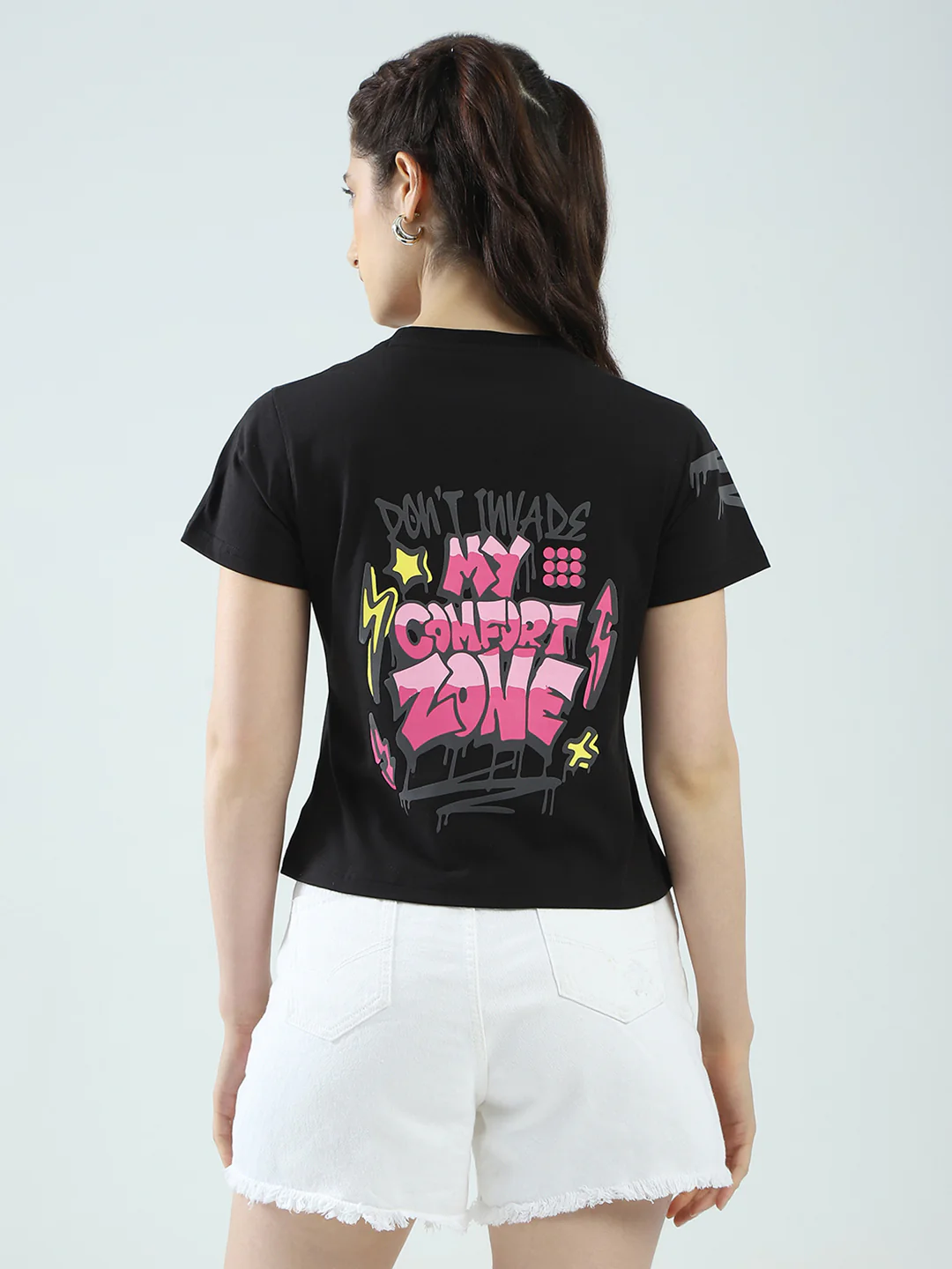 Rock.it Women Black Printed Round Neck Half Sleeve Top