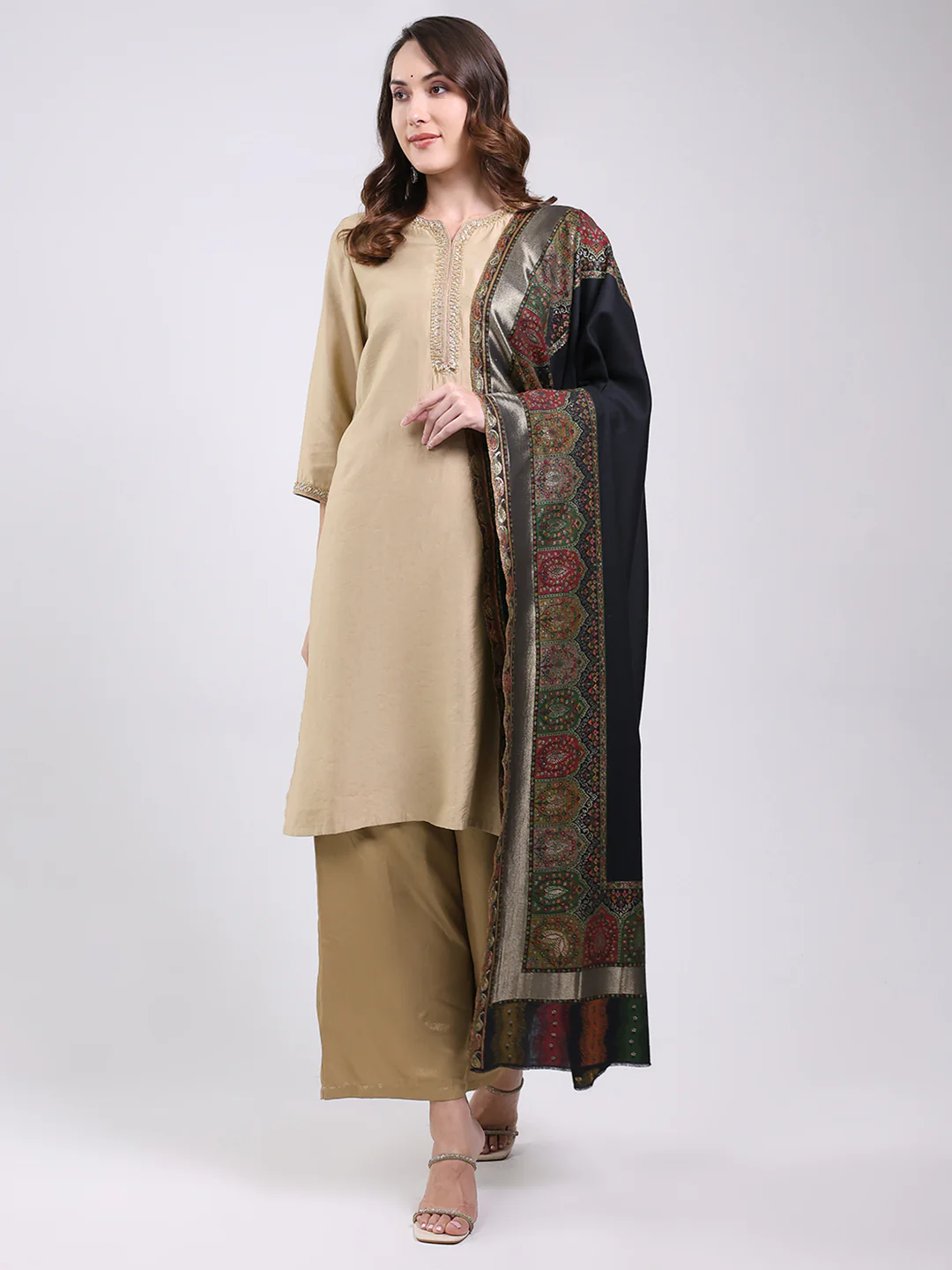 Women Black Printed Wool Blend Shawl