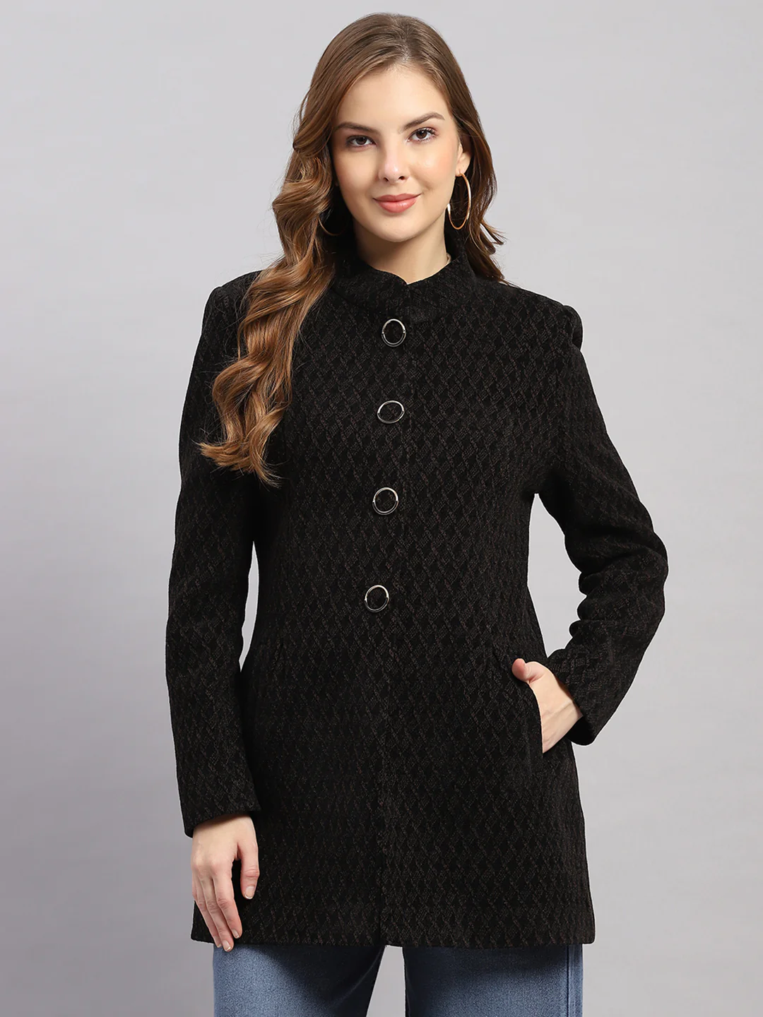 Women Black Self Design Collar Full Sleeve Coat