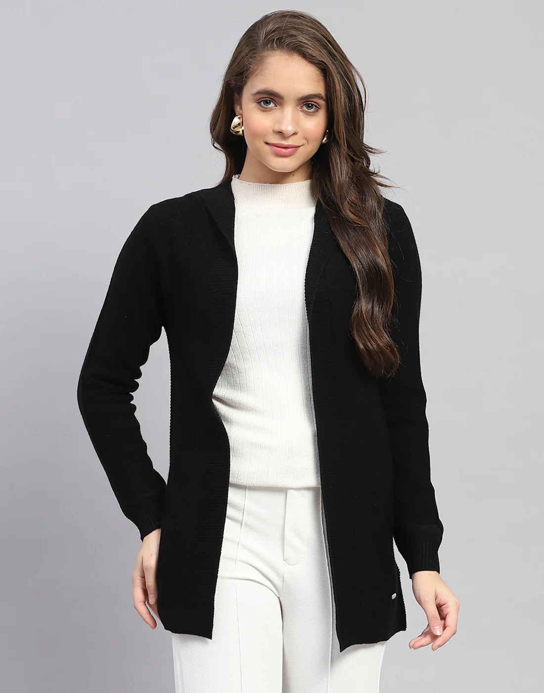 Women Black Self Design Front Open Full Sleeve Cardigan