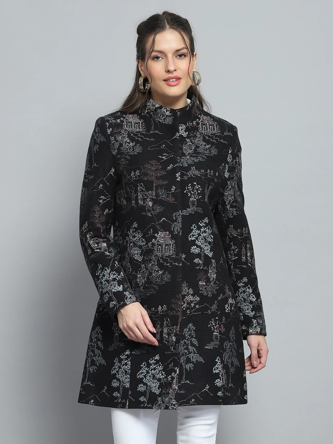 Women Black Self Design Mock Neck Full Sleeve Coat