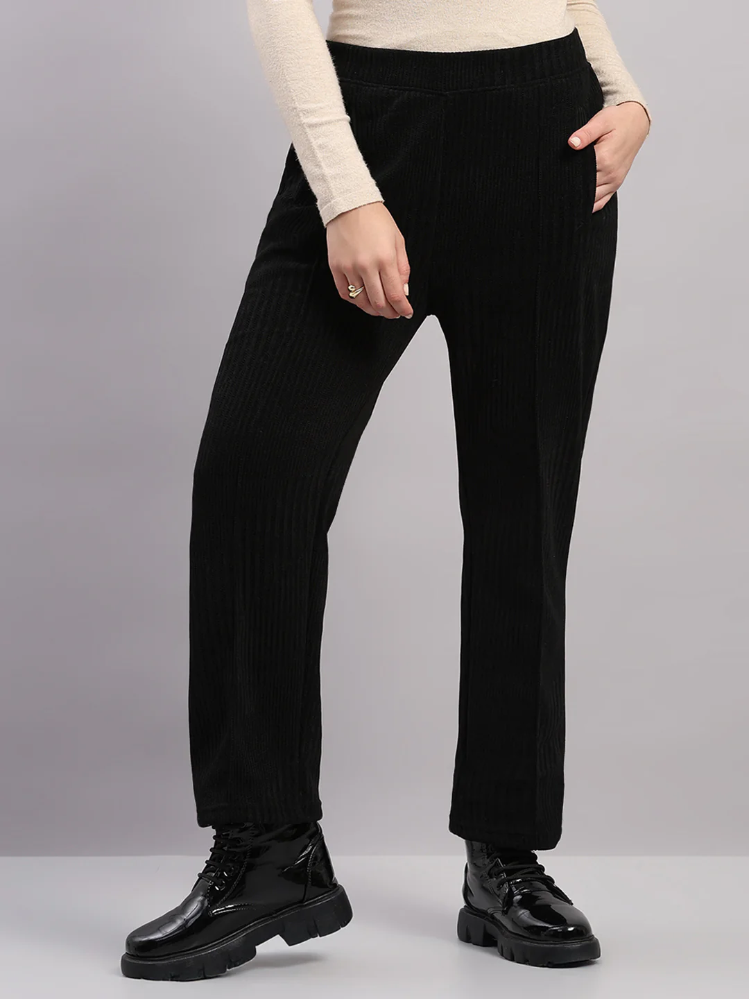 Women Black Self Design Regular Fit Winter Lower