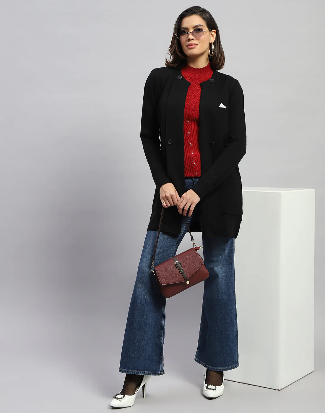 Women Black Self Design Round Neck Full Sleeve Cardigan