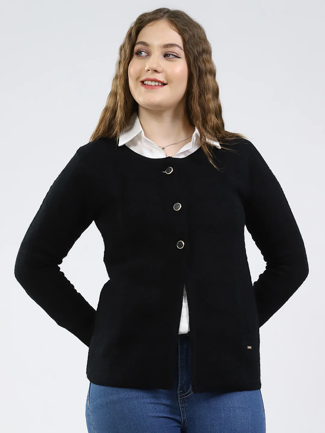 Women Black Self Design Round Neck Full Sleeve Cardigan