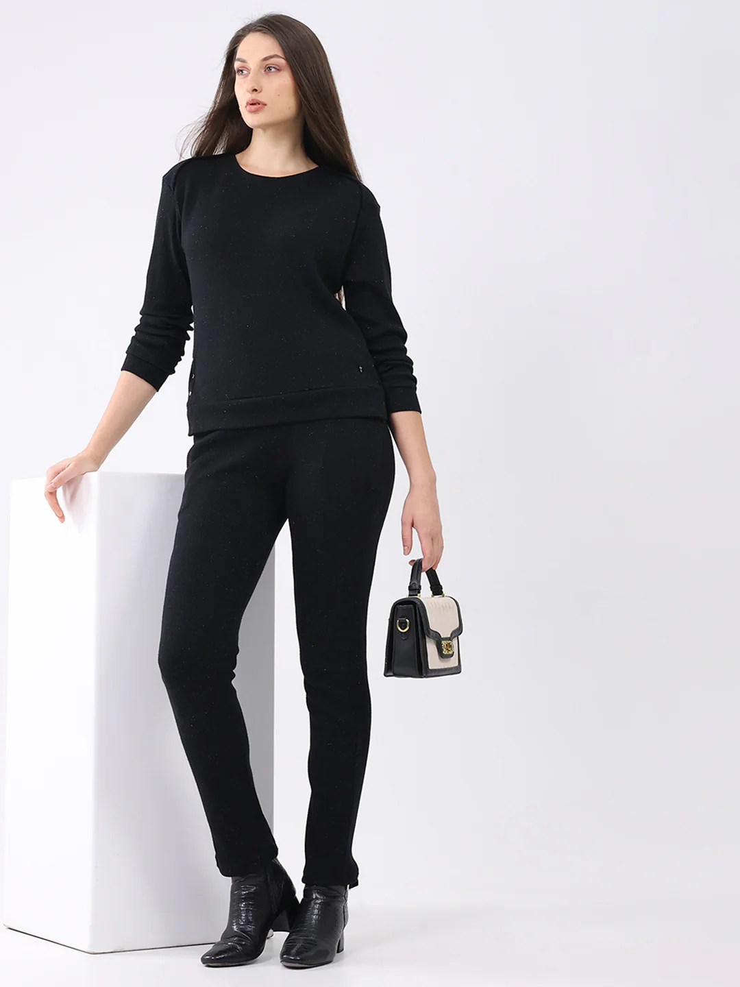 Women Black Self Design Round Neck Full Sleeve Cords Set - Image 2