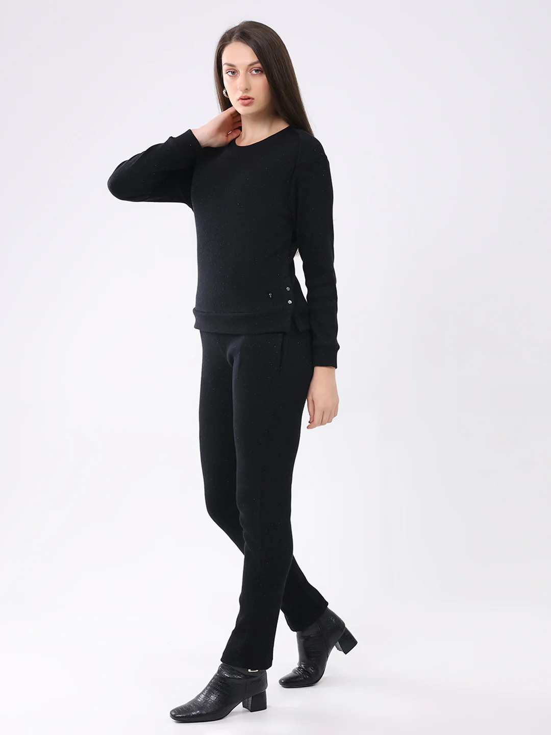 Women Black Self Design Round Neck Full Sleeve Cords Set - Image 3