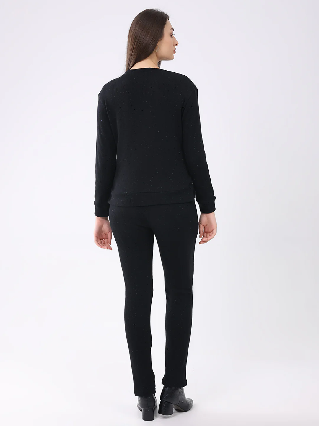 Women Black Self Design Round Neck Full Sleeve Cords Set - Image 5