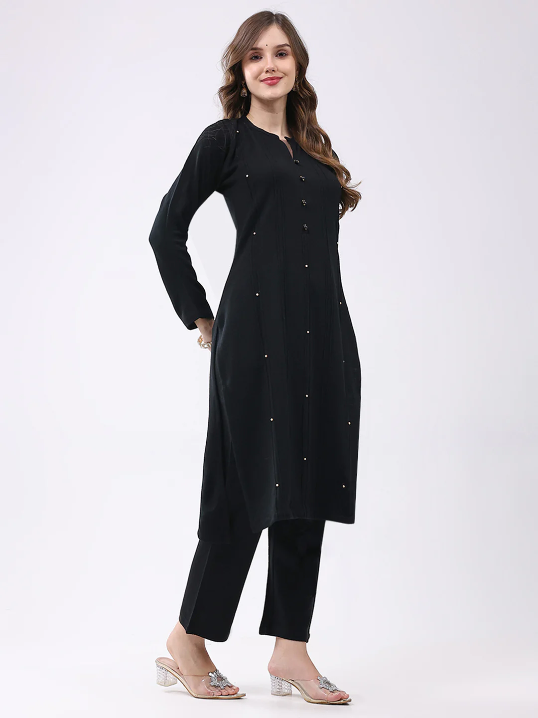 Women Black Self Design Round Neck Full Sleeve Kurti Set for Winter - Image 4