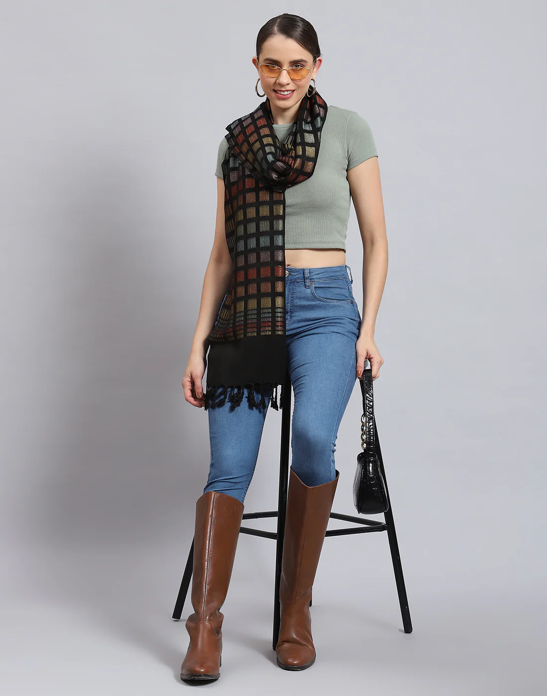 Women Black Self Design Stole