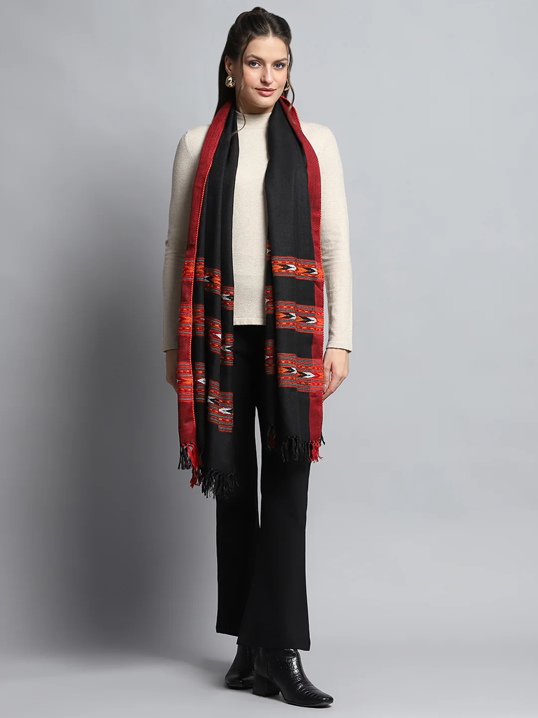 Women Black Self Design Stole
