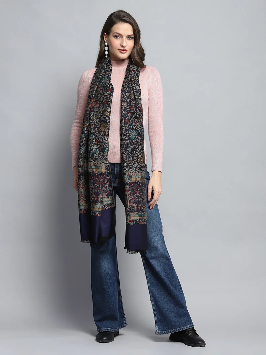 Women Black Self Design Stole