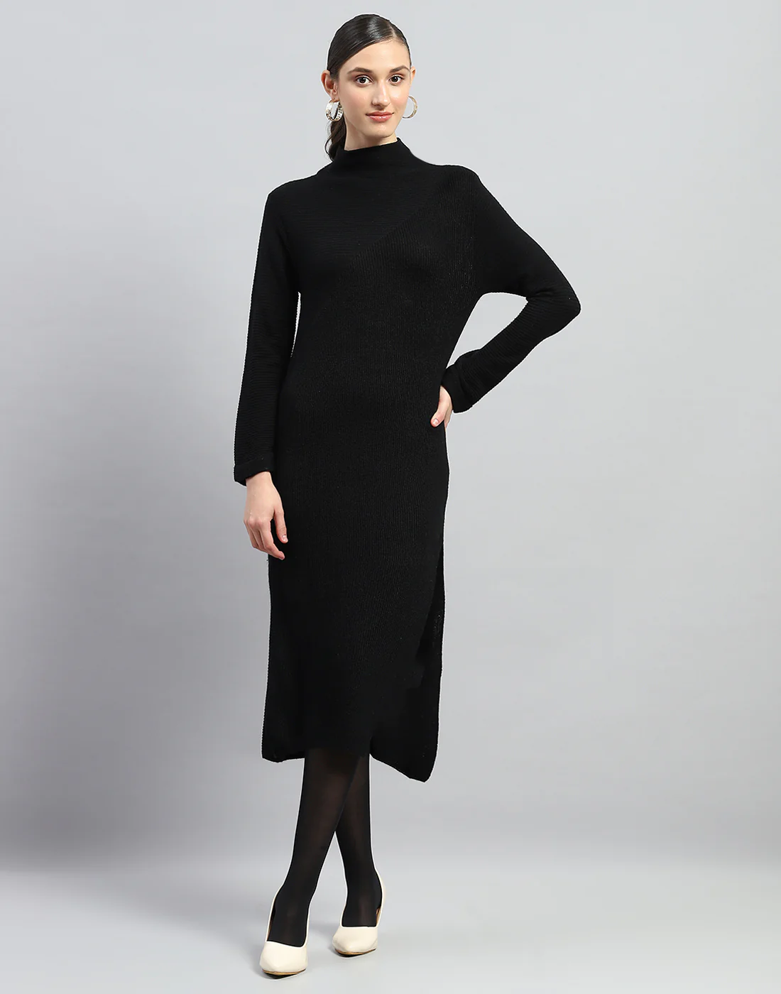 Women Black Self Design Turtle Neck Full Sleeve Dress - Image 2
