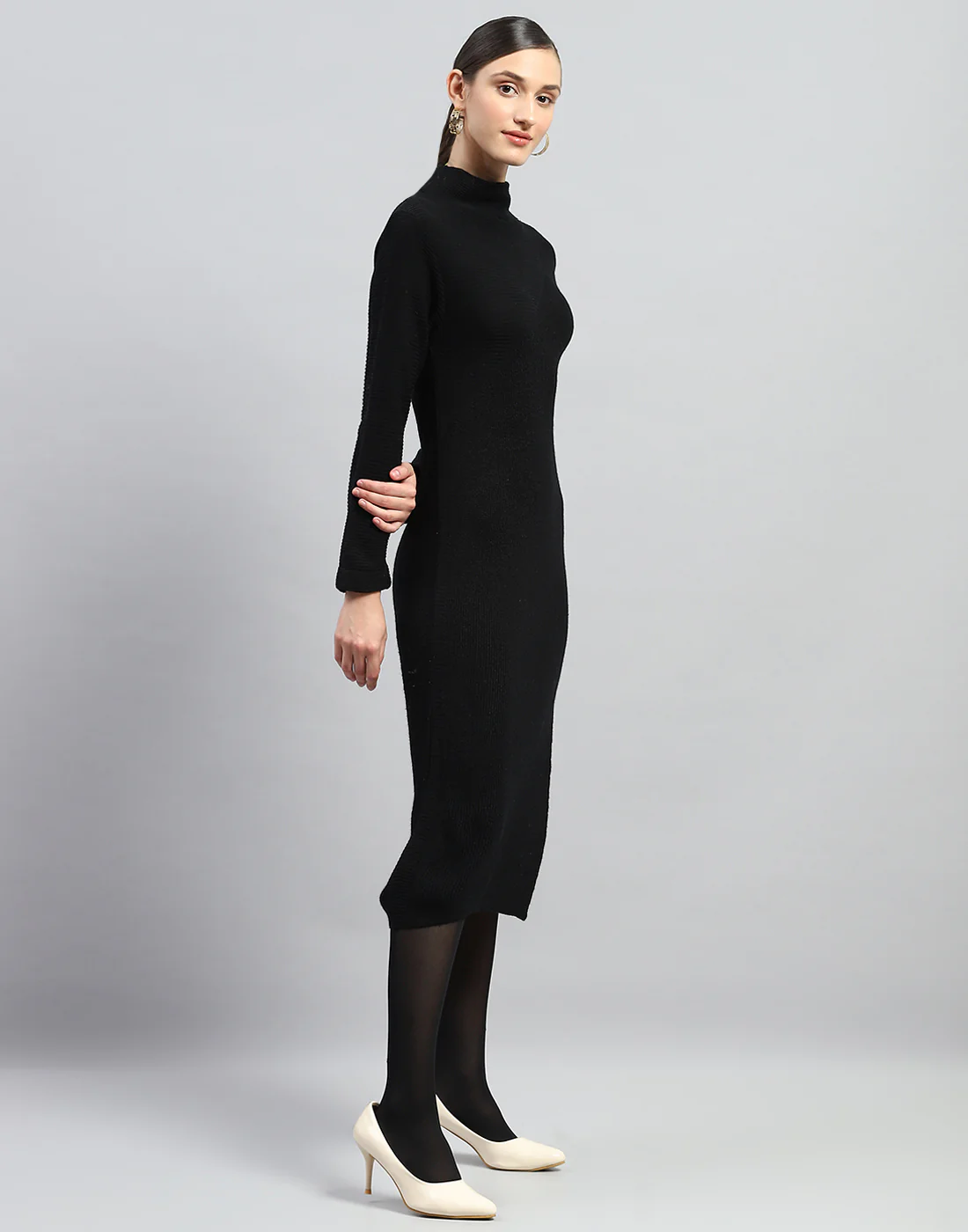 Women Black Self Design Turtle Neck Full Sleeve Dress - Image 4