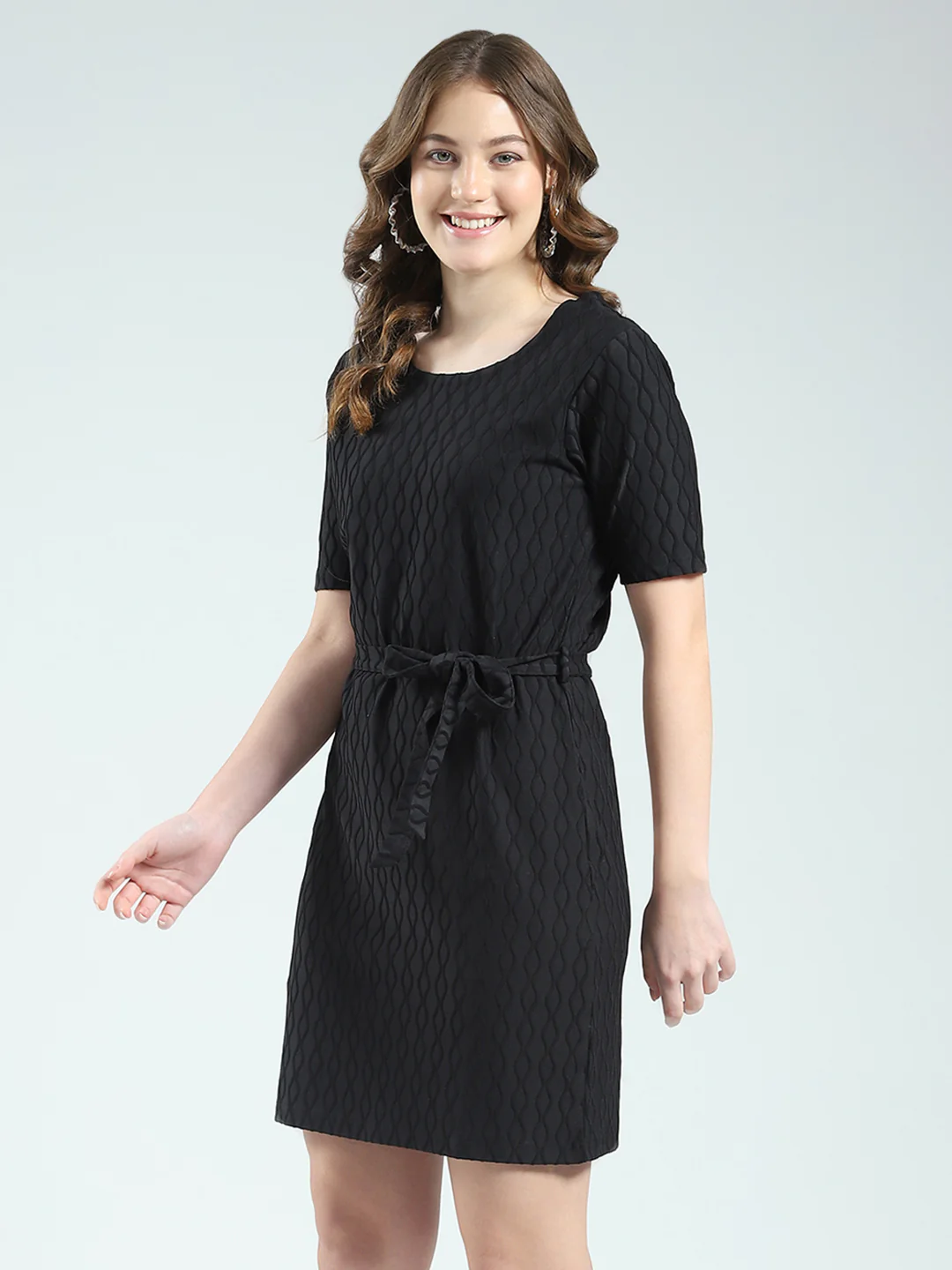 Women Black Self Design Round Neck Half Sleeve Dress - Image 3