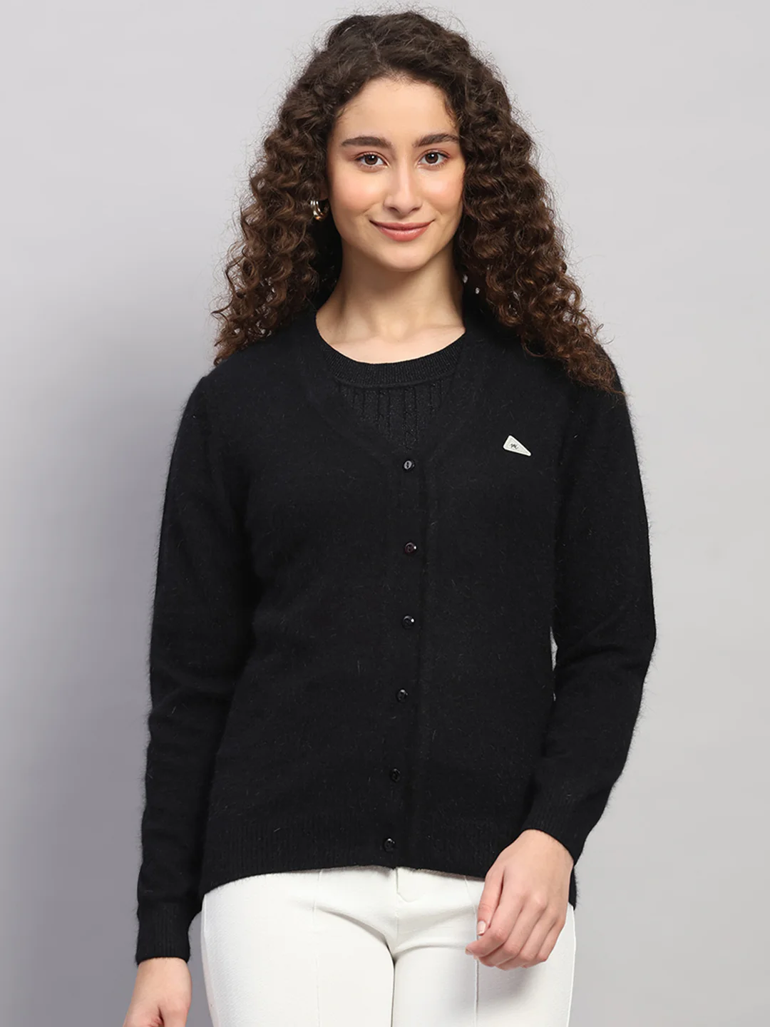 Women Black Solid V Neck Full Sleeve Cardigan