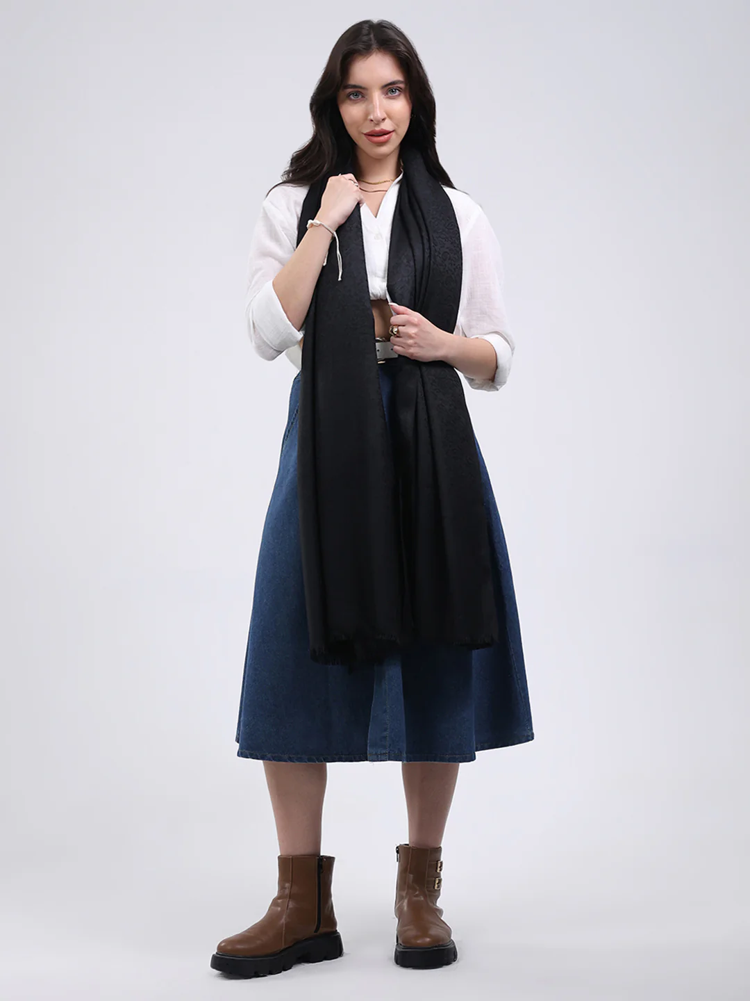 Women Black Solid Wool Blend Shawl