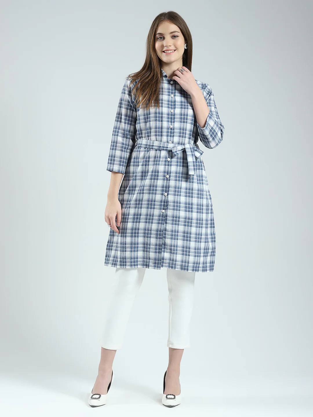 Women Blue Check Collar 3/4th Sleeve Tunic