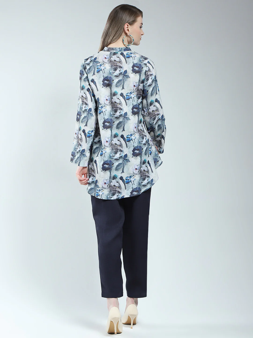 Women Blue Printed Band Neck Full Sleeve Cords Set - Image 5