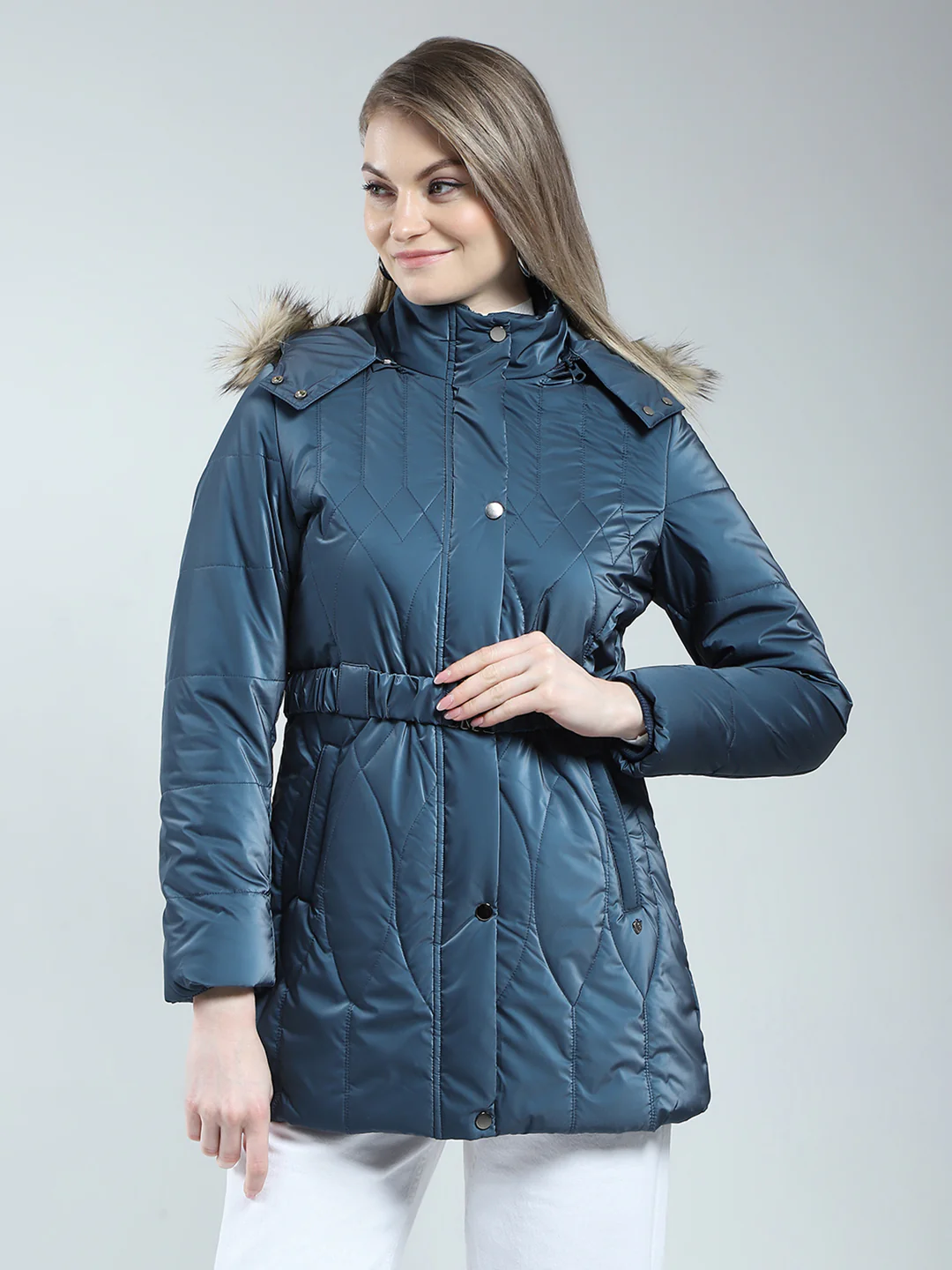 Women Blue Printed Detachable Hood Full Sleeve Jacket