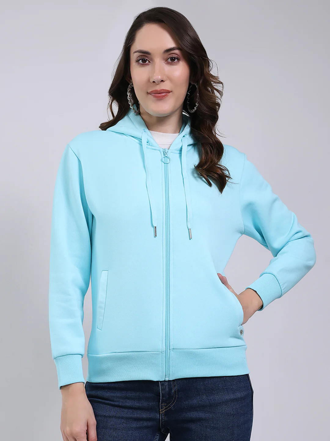 Women Blue Printed Hooded Full Sleeve Sweatshirt