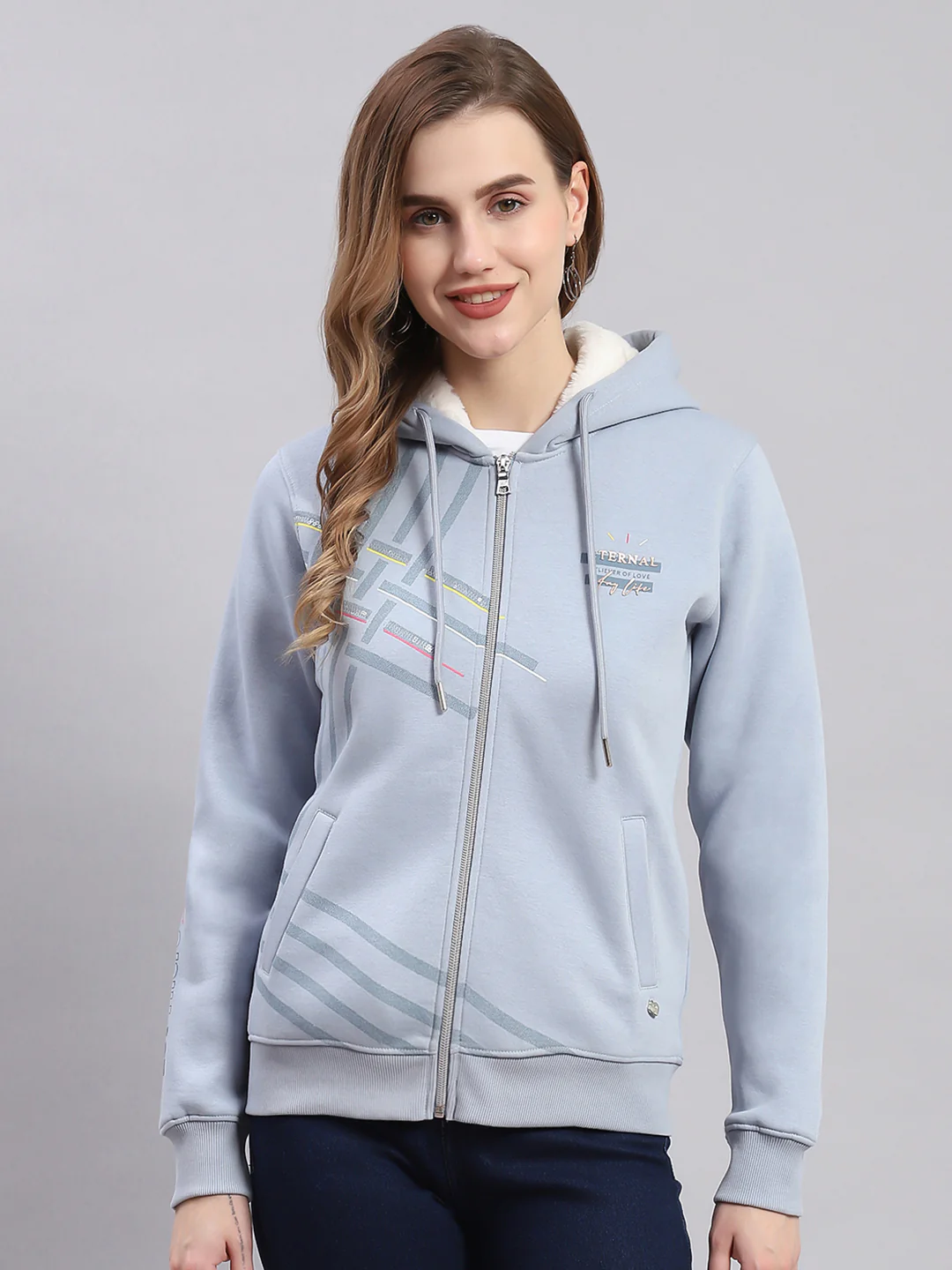 Women Blue Printed Hooded Full Sleeve Sweatshirts