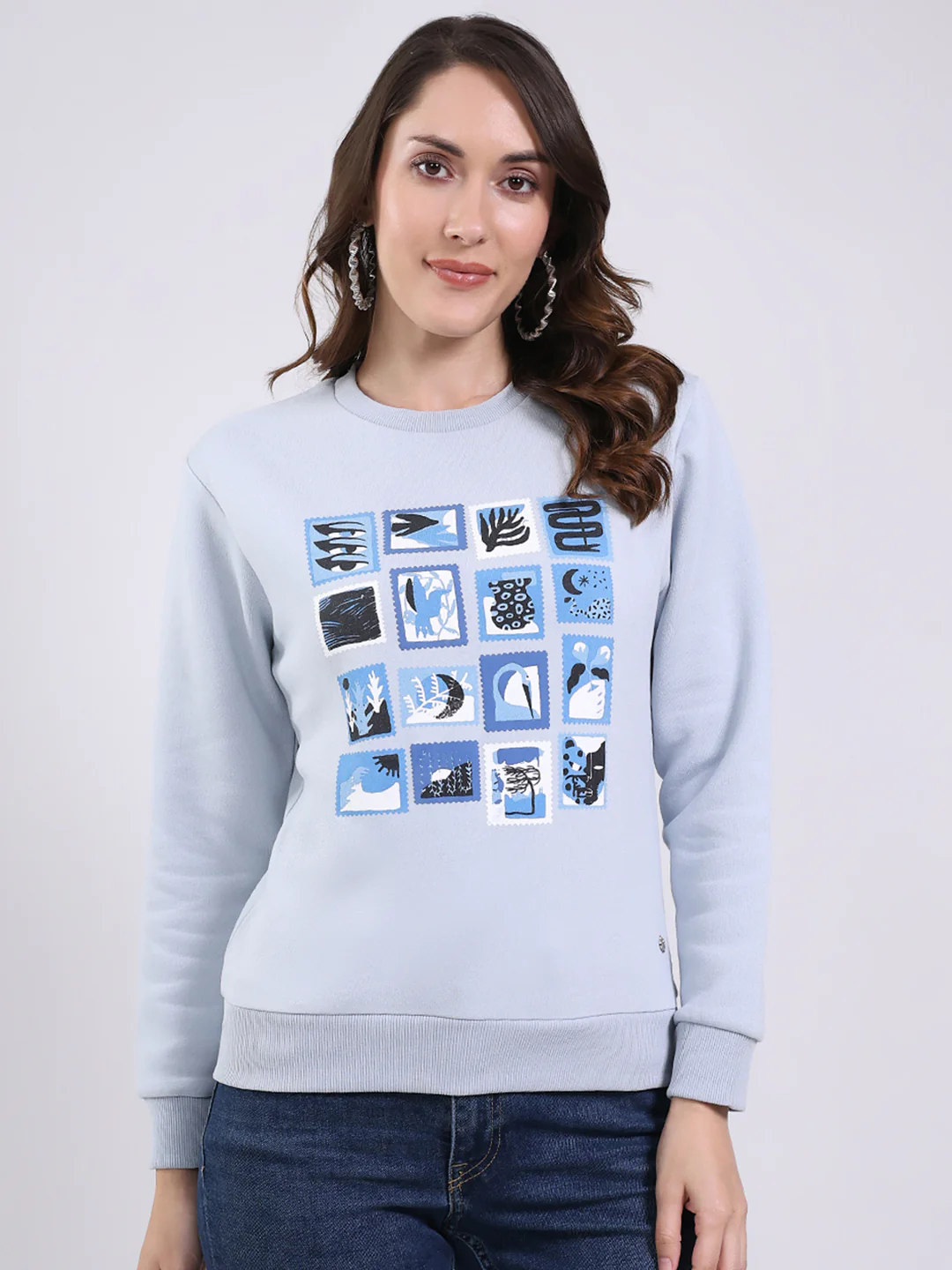 Women Blue Printed Round Neck Full Sleeve Sweatshirt
