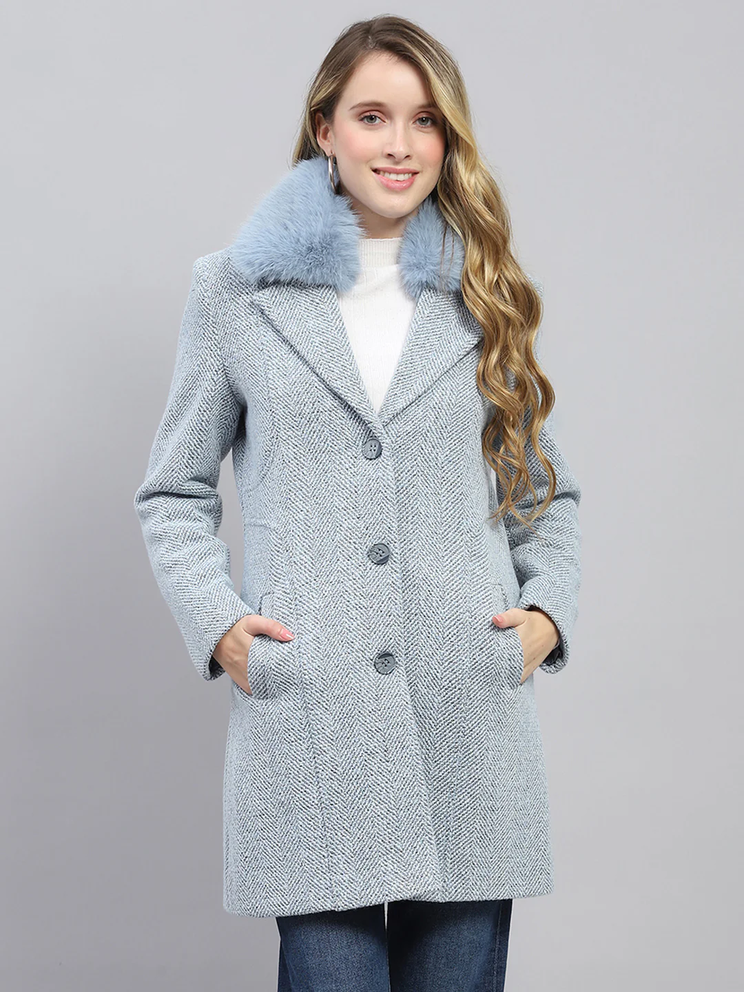 Women Blue Self Design Collar Full Sleeve Coat