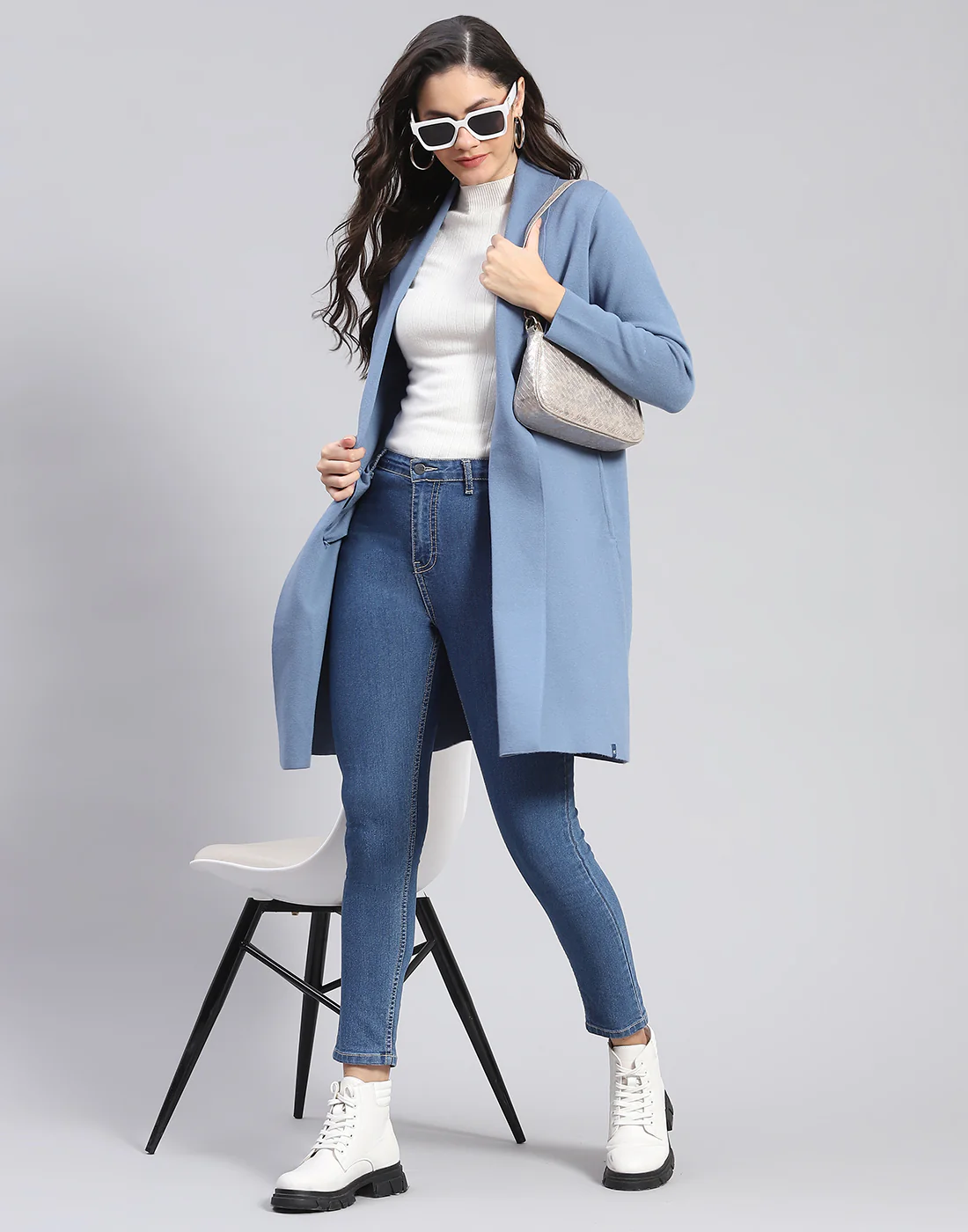 Women Blue Self Design Front Open Full Sleeve Cardigan