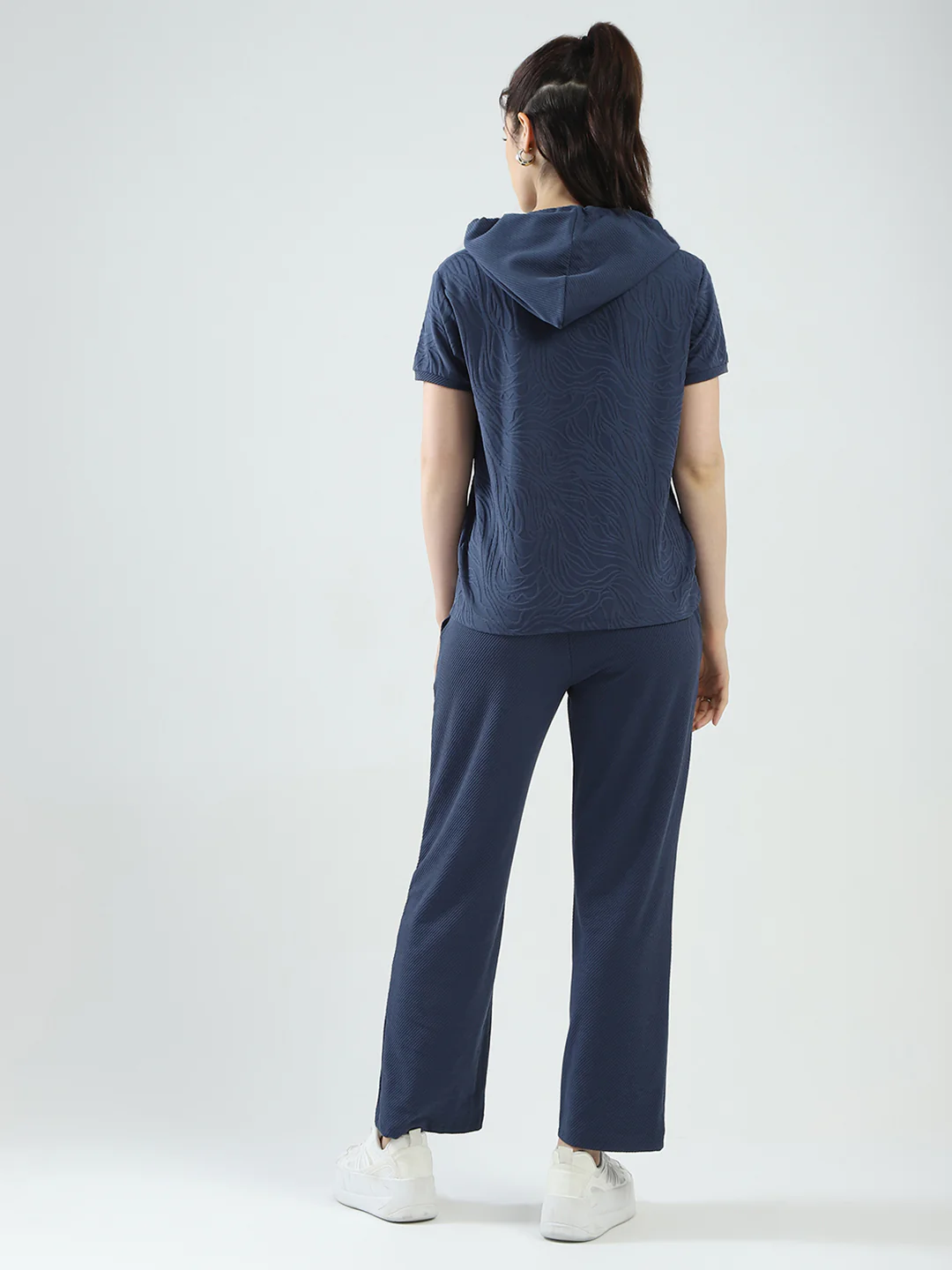 Women Blue Self Design Hooded Half Sleeve Cords Set - Image 2